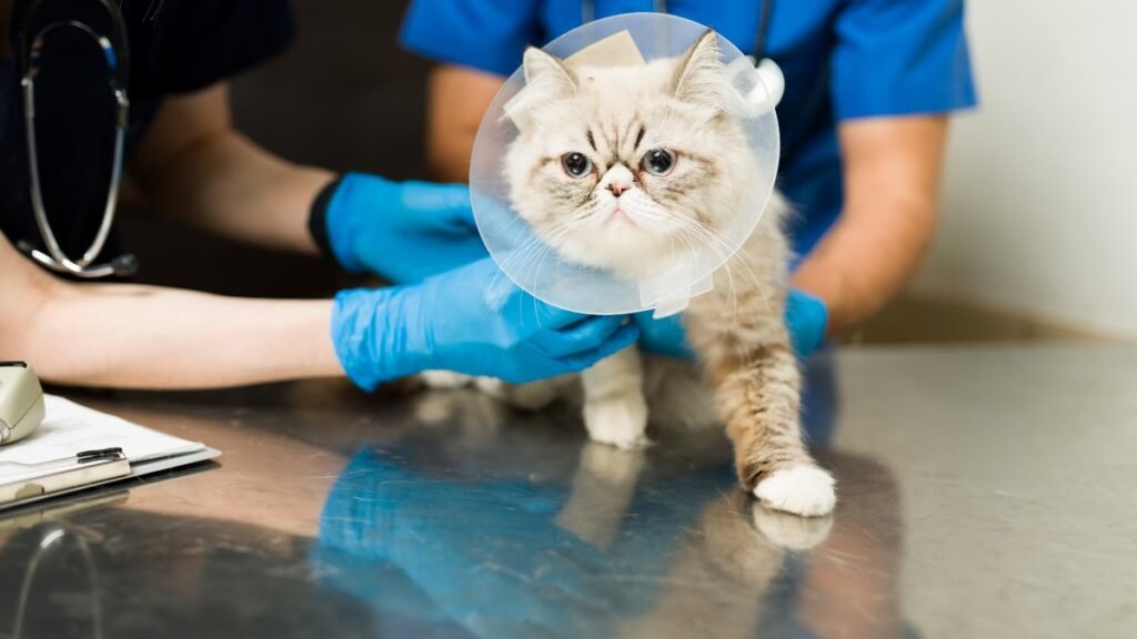 cute persian cat with recovery cone after surgery veterinarian woman man vet putting bandage sick fluffy pet animal clinic