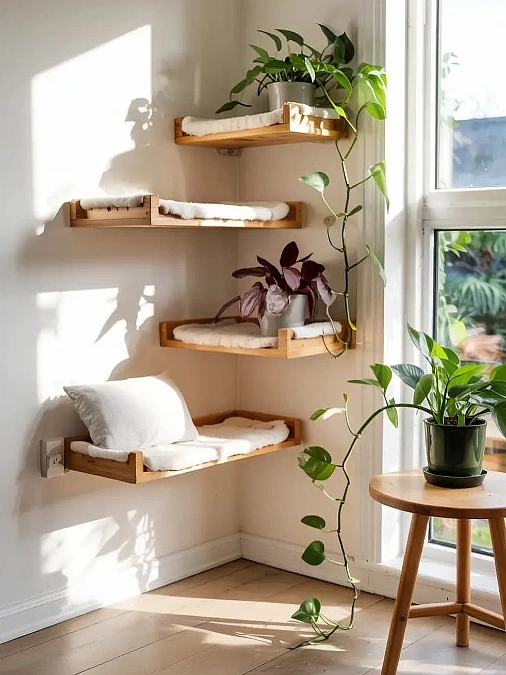 Wood Shelves + Soft Pads + Trailing Plants