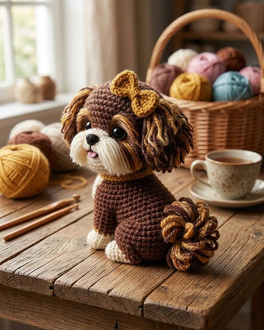 A Crochet Puppy With Bow Detail