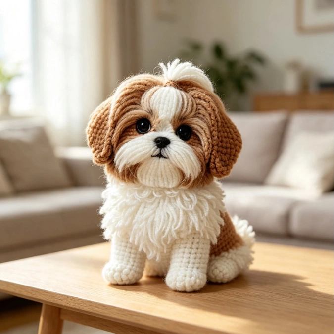 Brown and White Crochet Shih Tzu
