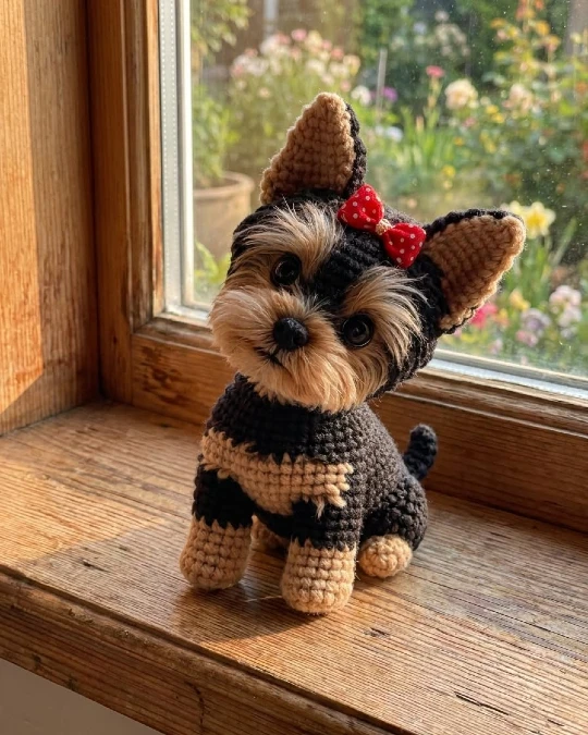 Black and Tan Crochet Puppy With Bow